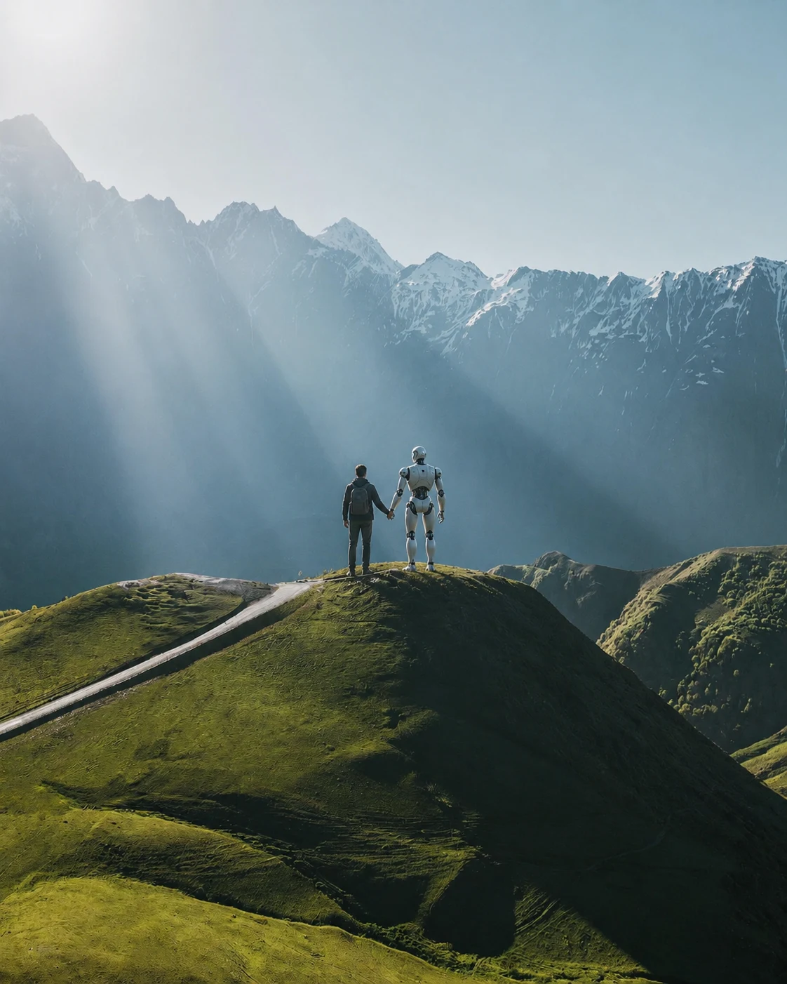 Concept illustration of a person and humanoid robot overlooking mountains