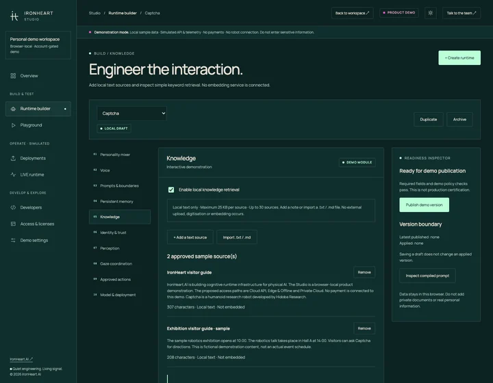 Actual IronHeart Studio Knowledge demo: approved sample text sources, local retrieval controls and version boundaries. The exhibition schedule is fictional.