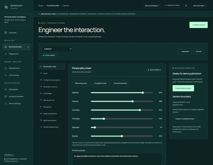 Actual IronHeart Studio demo: Captcha personality sliders, ten cognitive modules and a readiness inspector. Sample settings, not a connected robot.